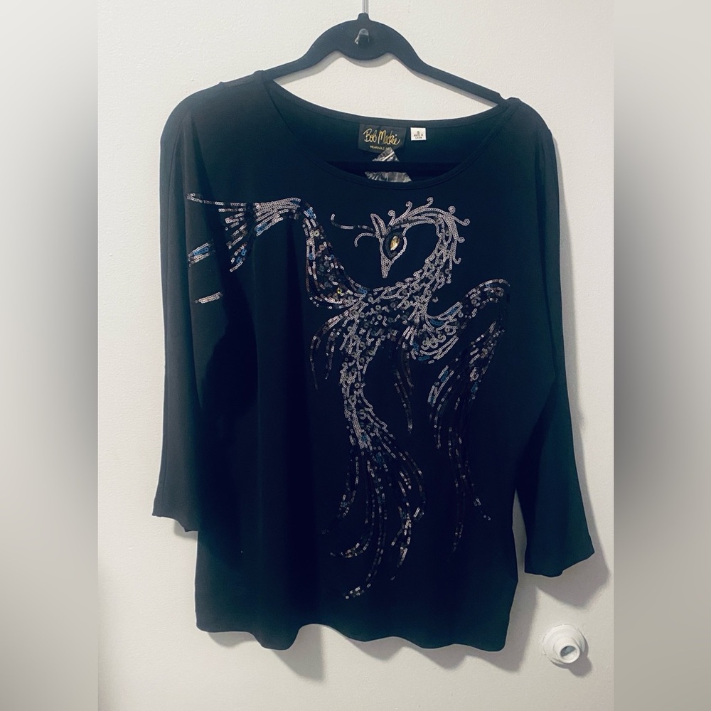 Bob Mackie Black Sequin Bird Top vintage new with tagss